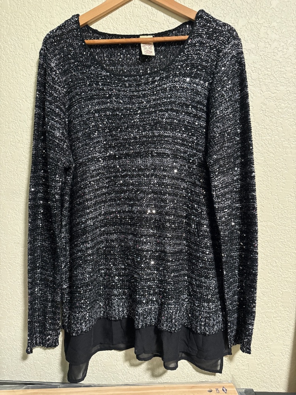 Faded Glory Black Sparkle Knit Tunic Sweater with Sheer Hem